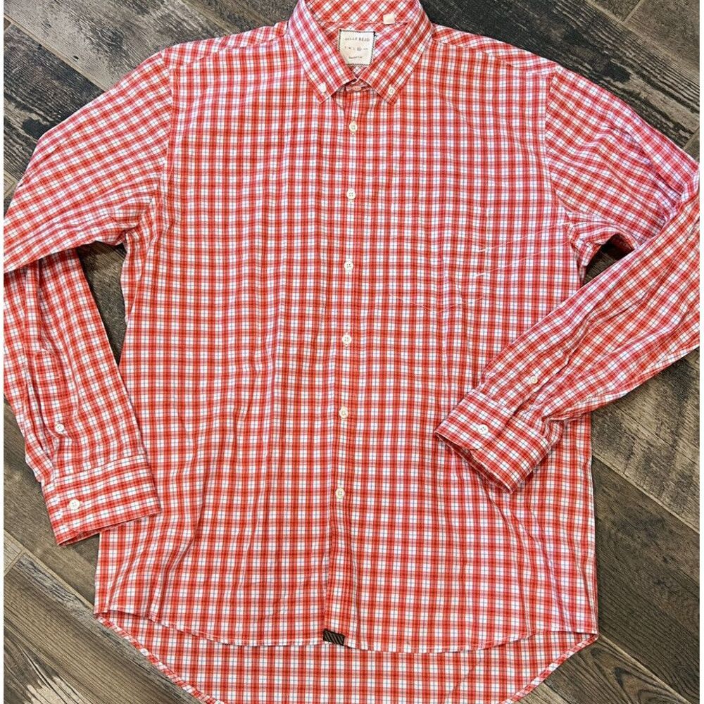 Billy Reid Mens Long Sleeve Button Shirt Standard Cut Coral Plaid Fits Large